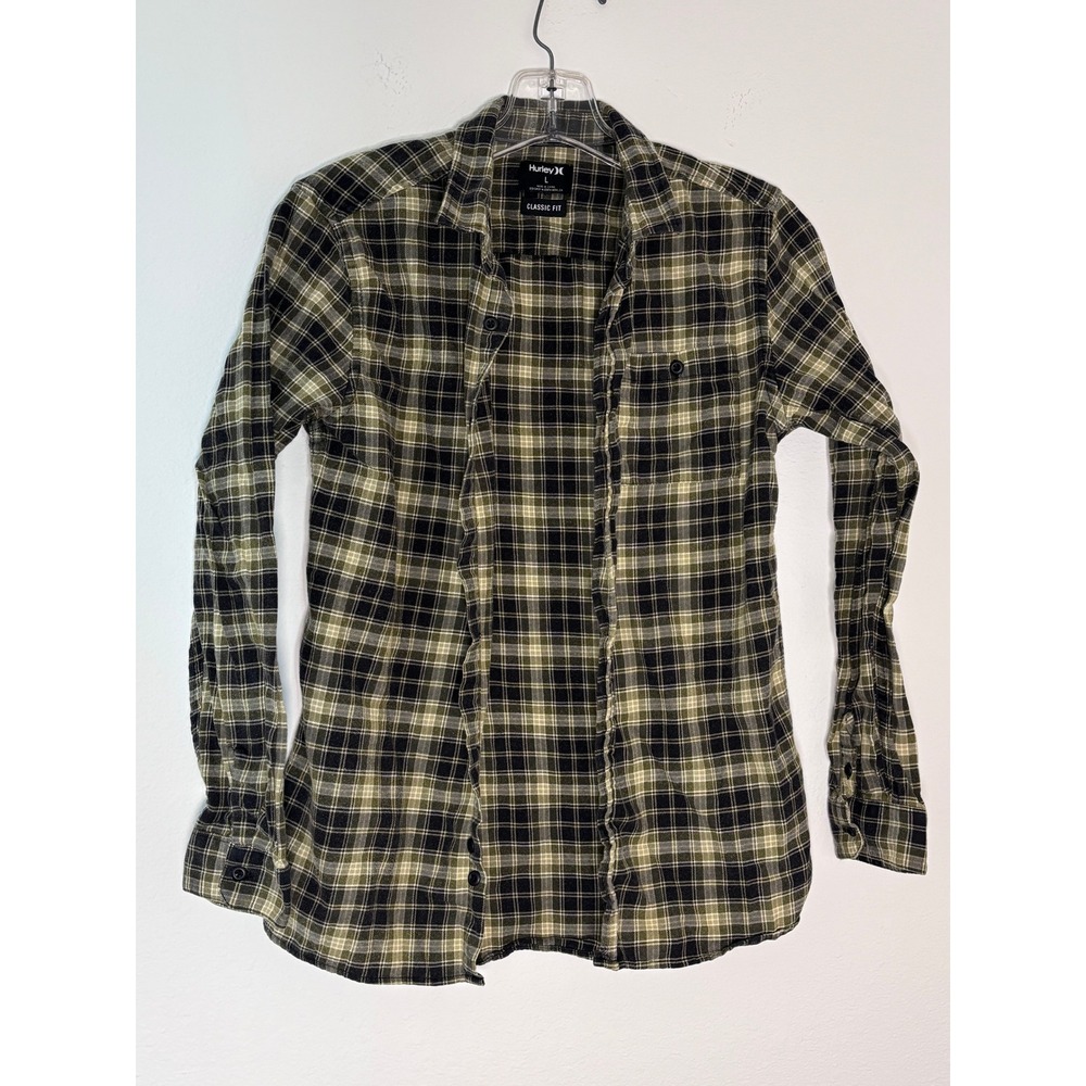 Hurley Mens Classic Fit Plaid Flannel Shirt Olive Green Black Large‎ L Pocket